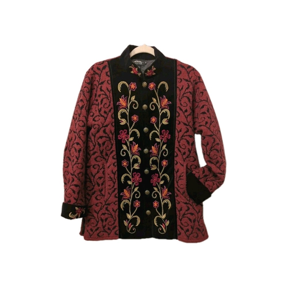 Icelandic Design Sweater Jacket Womens M Wool Velvet Embroidered Grandma Cottage